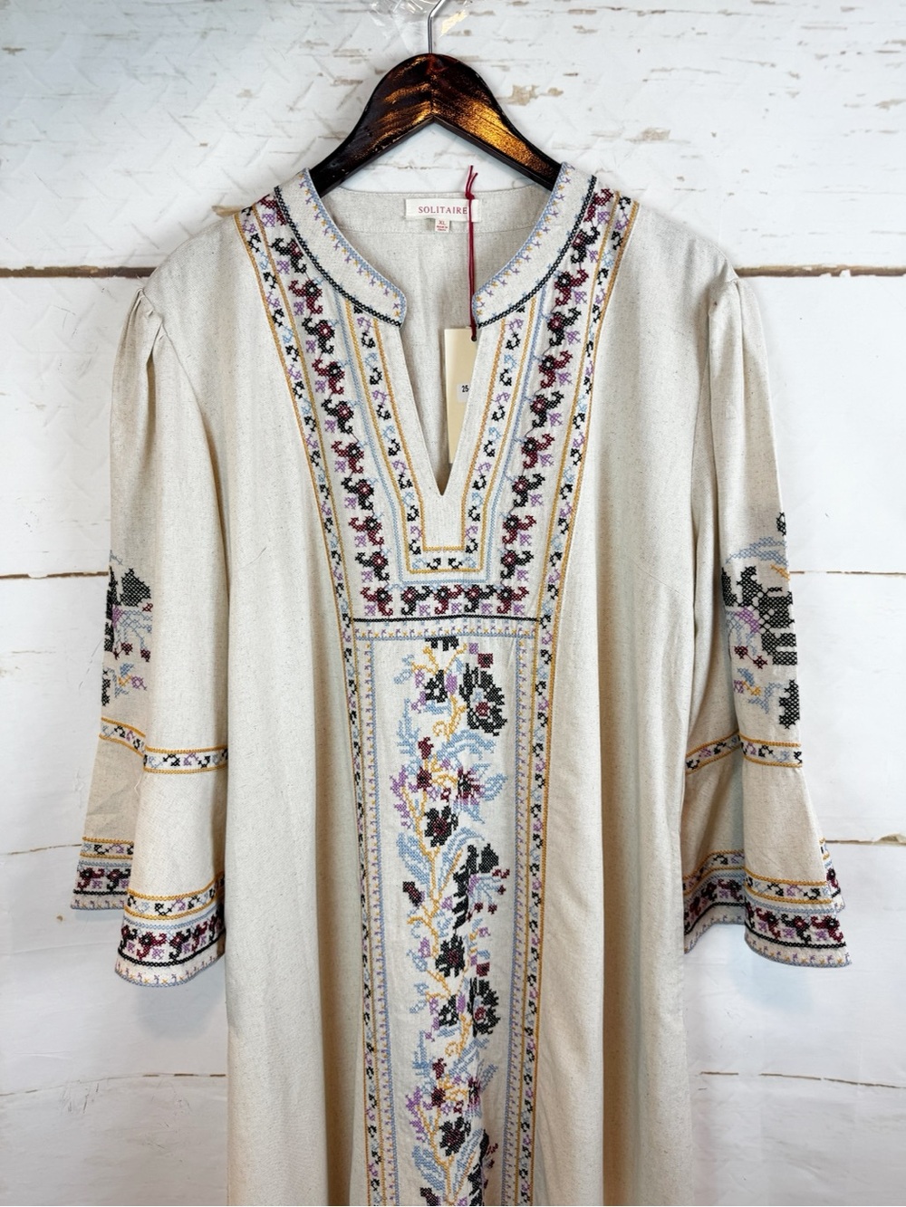 Solitaire | Linen Blend Embroidered Bohemian Maxi Dress, XL NWT